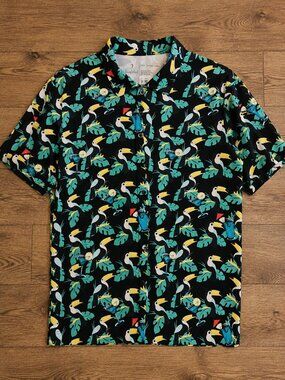 Boardwalk Toucan Tropical Cocktail Print Polo Shirt Mens Large Resort Beach ms69